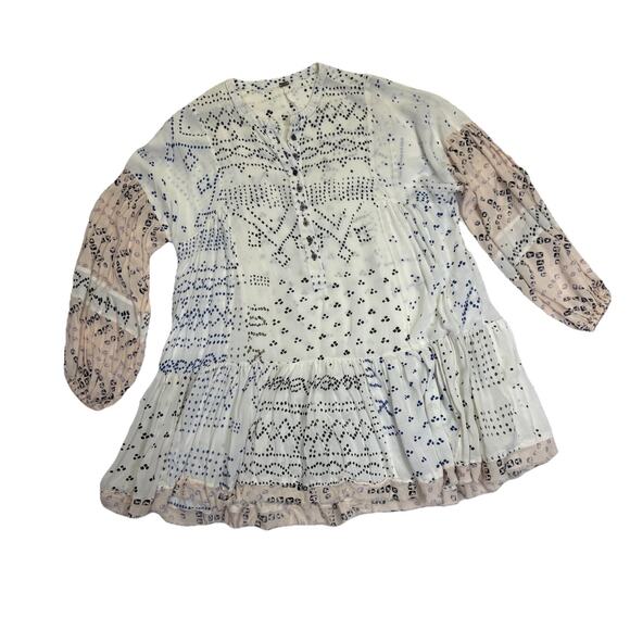 Free People Shibori Tunic Dress Women’s Sz S Long Sleeve Button Front Raw Hem - Picture 3 of 12